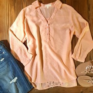 Hester & Orchard Peach Popover Blouse 3/4 Sleeve